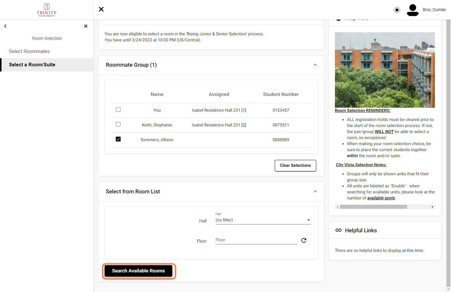 Click on Search Available Rooms