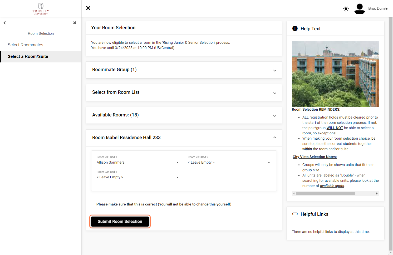 Click on Submit Room Selection