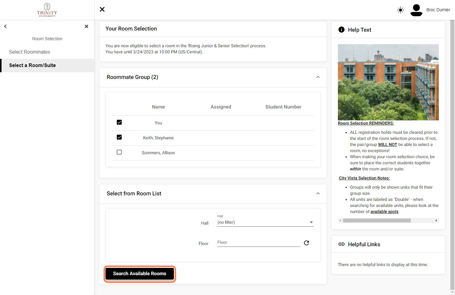 Click on Search Available Rooms