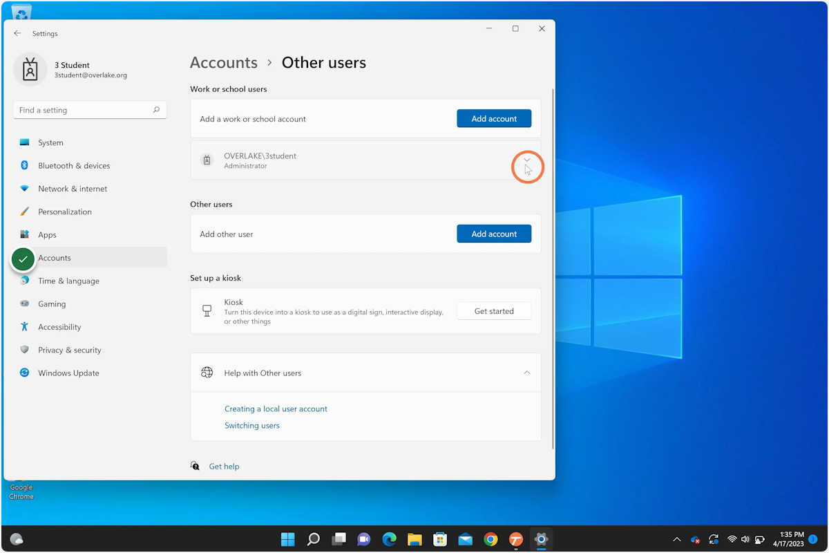 This will display all Accounts on the device, if a user is a administrator that will reflect beneath there name.If not select the down arrow to the right to of the account, this will provide more options where you will see the option to 'Change account type'