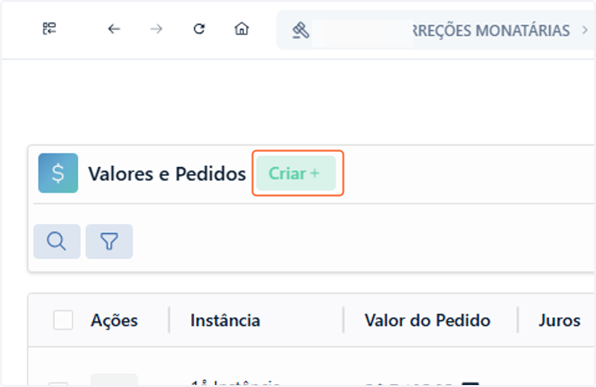 Na categoria que possui o campo de correção monetária configurado, clique em Criar