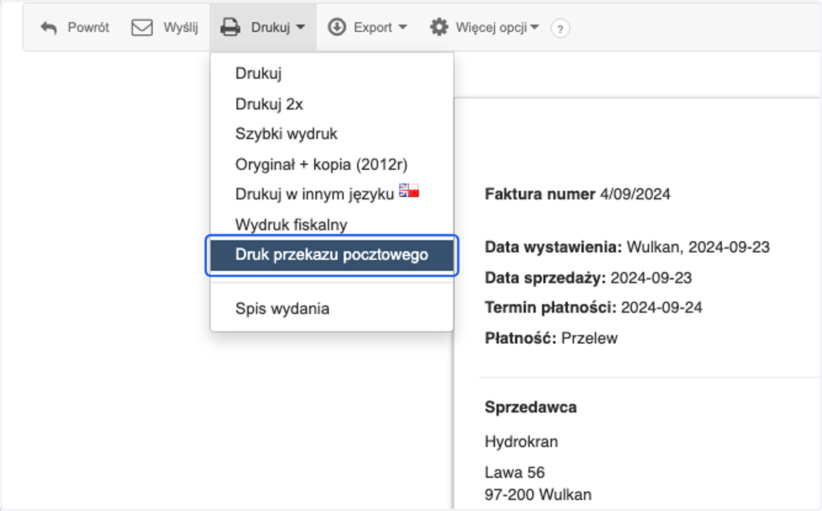 wybierz > Druk przekazu pocztowego