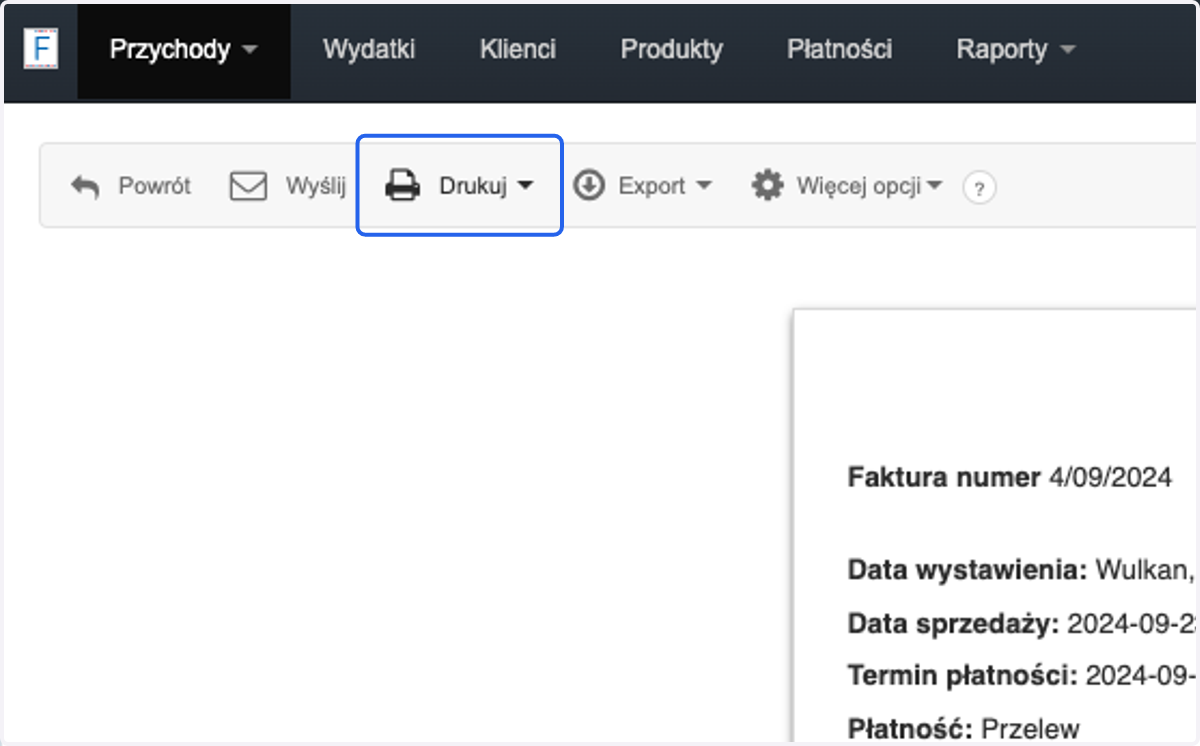 Przejdź do podglądu faktury, dla której chcesz wygenerować druk przekazu pocztowego. W menu podręcznym wybierz > Drukuj >