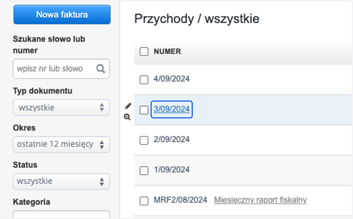 z listy wybierz dokument dla którego chcesz wygenerować druk przekazu pocztowego