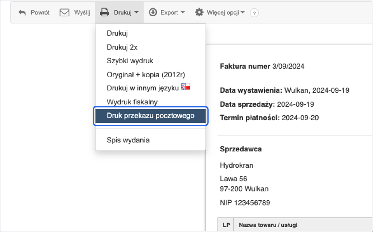 > Druk przekazu pocztowego