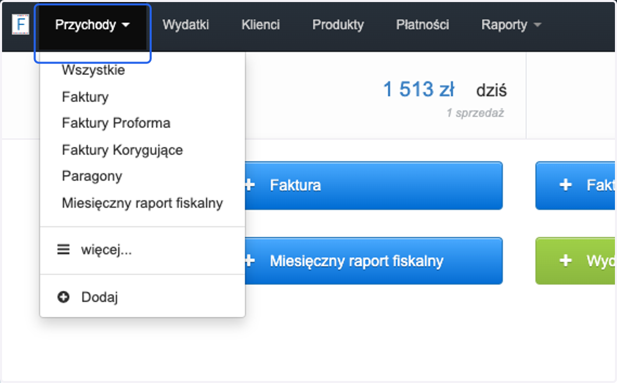 Dalej przejdź do zakładki > Przychody/Wydatki >