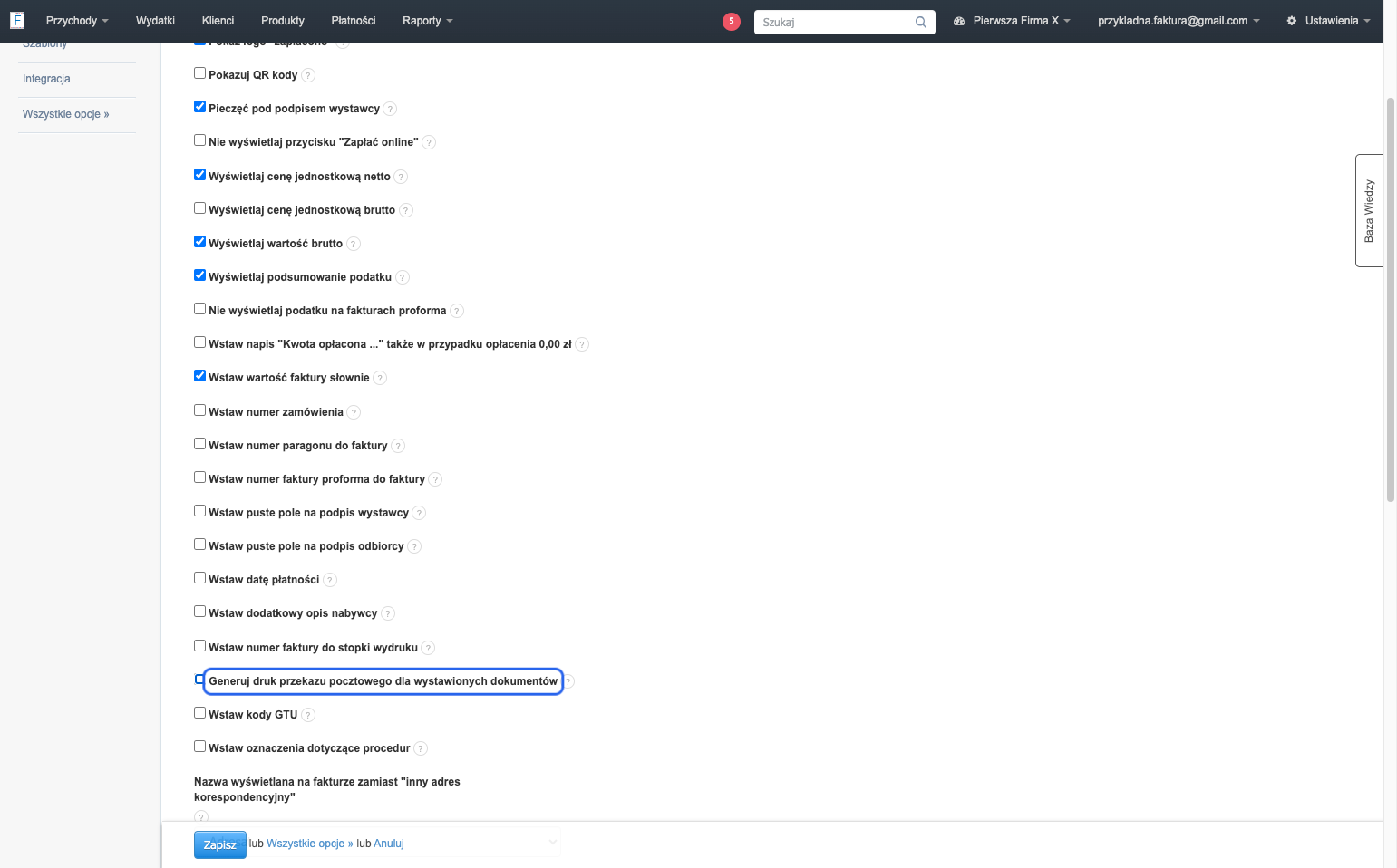 zaznacz checkbox przy > Generuj druk przekazu pocztowego dla wystawionych dokumentów >