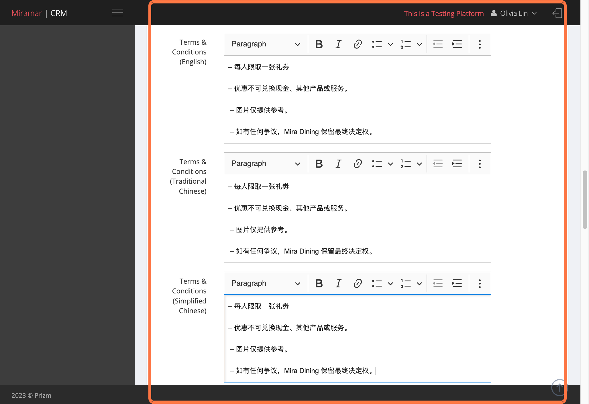 Enter the Terms & Conditions in all 3 language fields