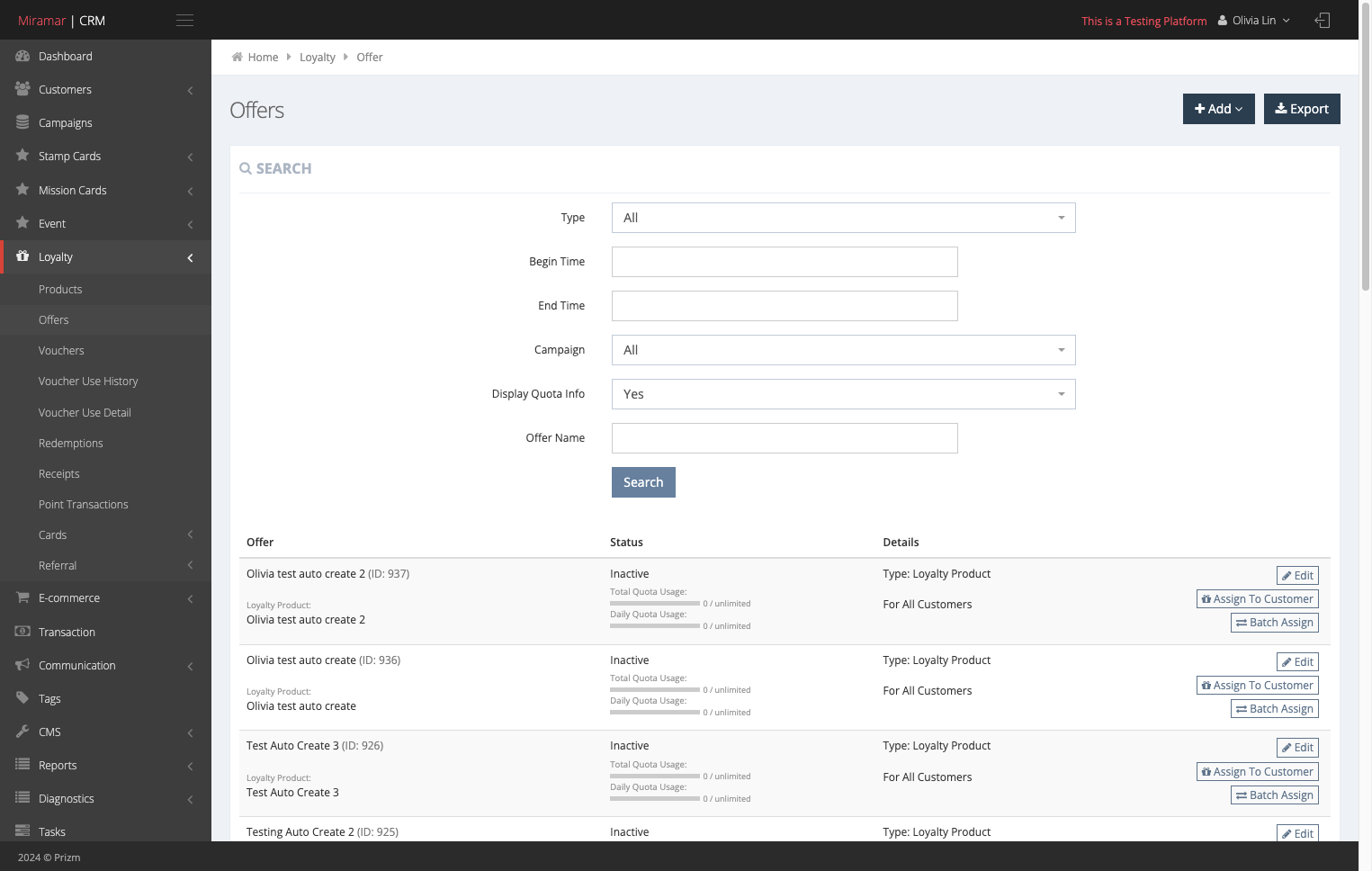 Click Loyalty - Offers (under the Loyalty tab)