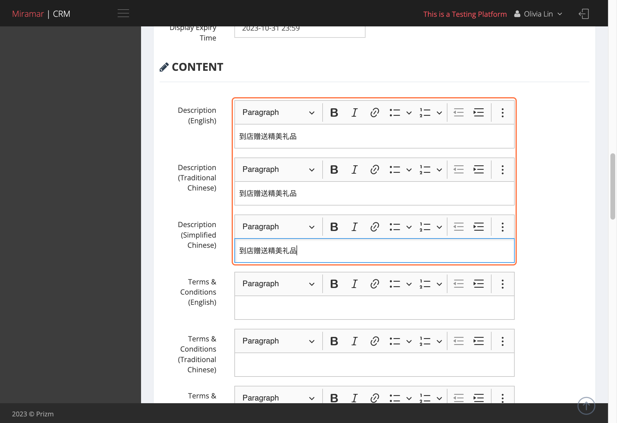 Enter the Description in all 3 language fields