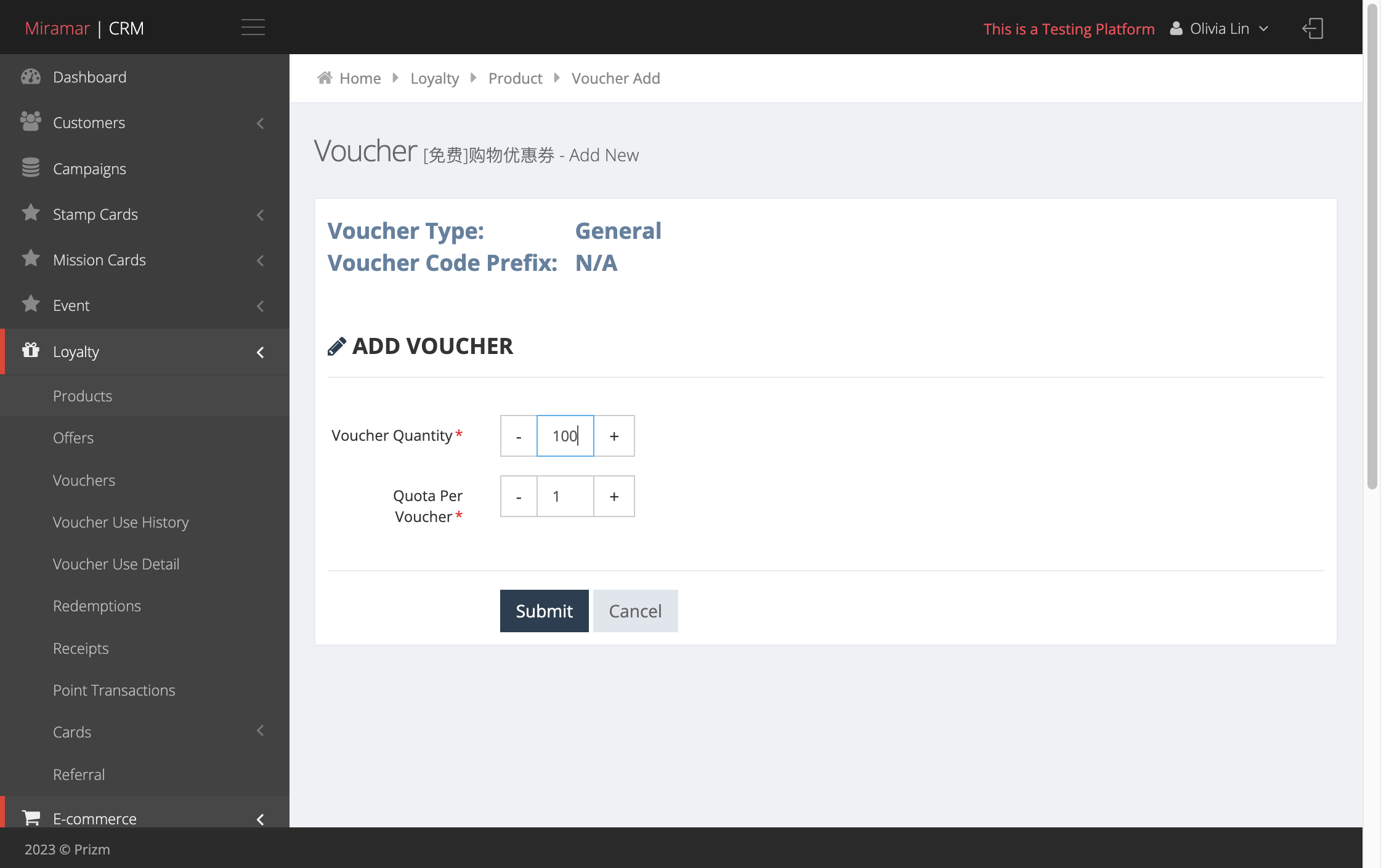 Input the voucher quantity and quota per voucher needed