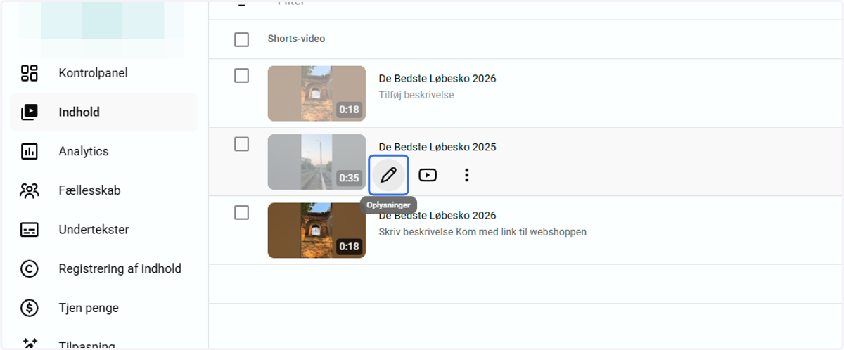 I skal manuelt ind på hver af de videoer I har uploadet, og gå det hele igennem, som I gjorde før med en enkelt video.