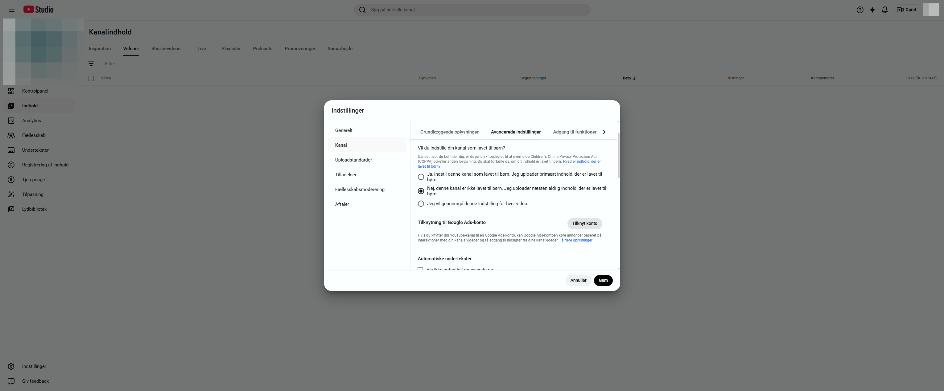 Herefter skal du tilkoble Google Ads kontoen til Youtube Ads.