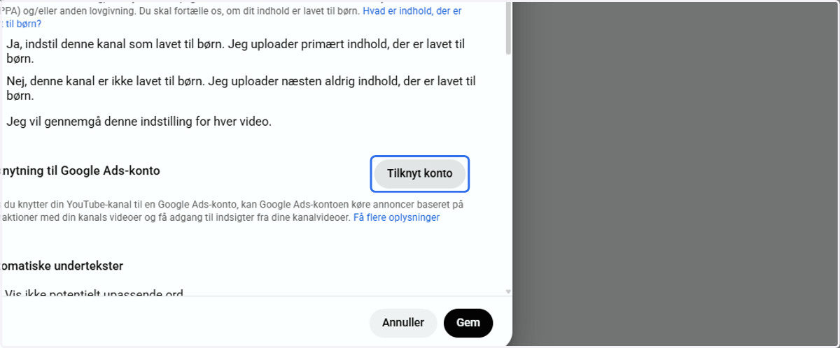 Herefter skal du tilkoble Google Ads kontoen til Youtube Ads.
