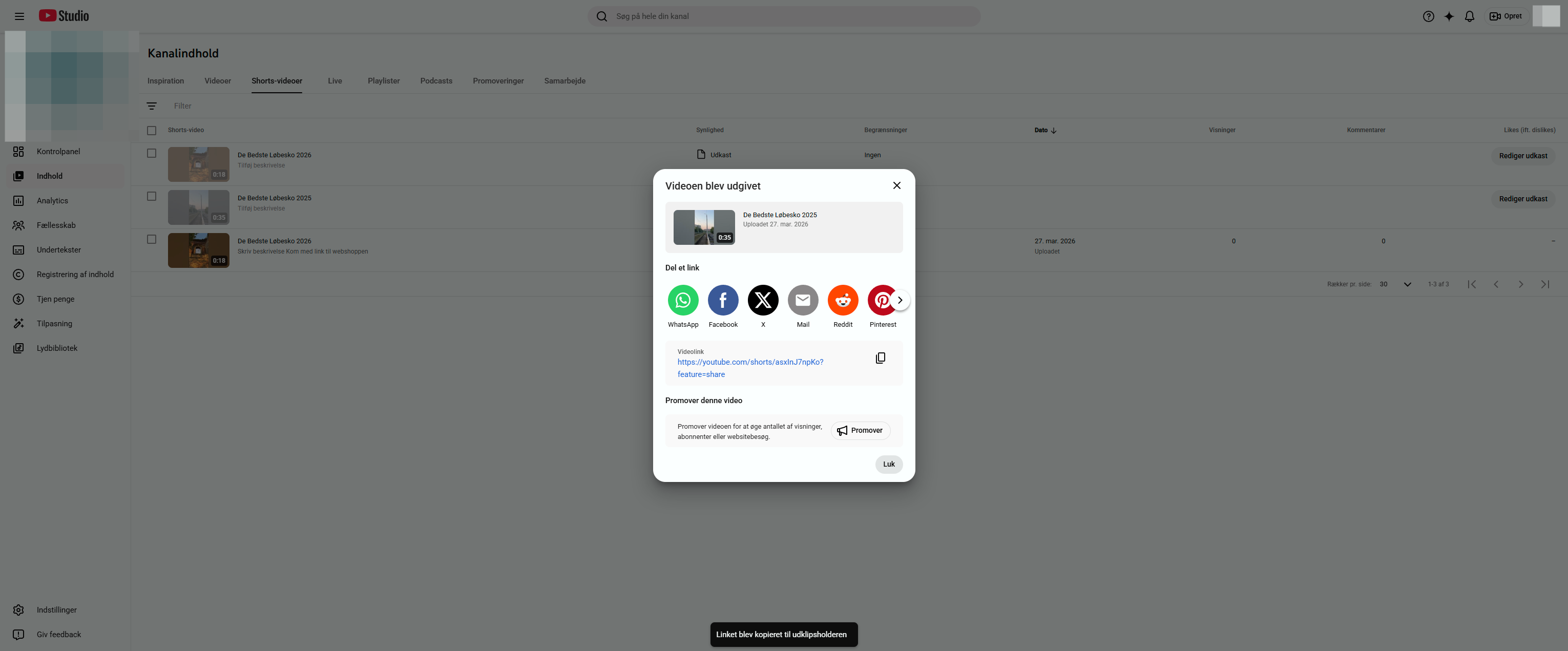 A. Klik på Kopiér videolink B. Send til Looja