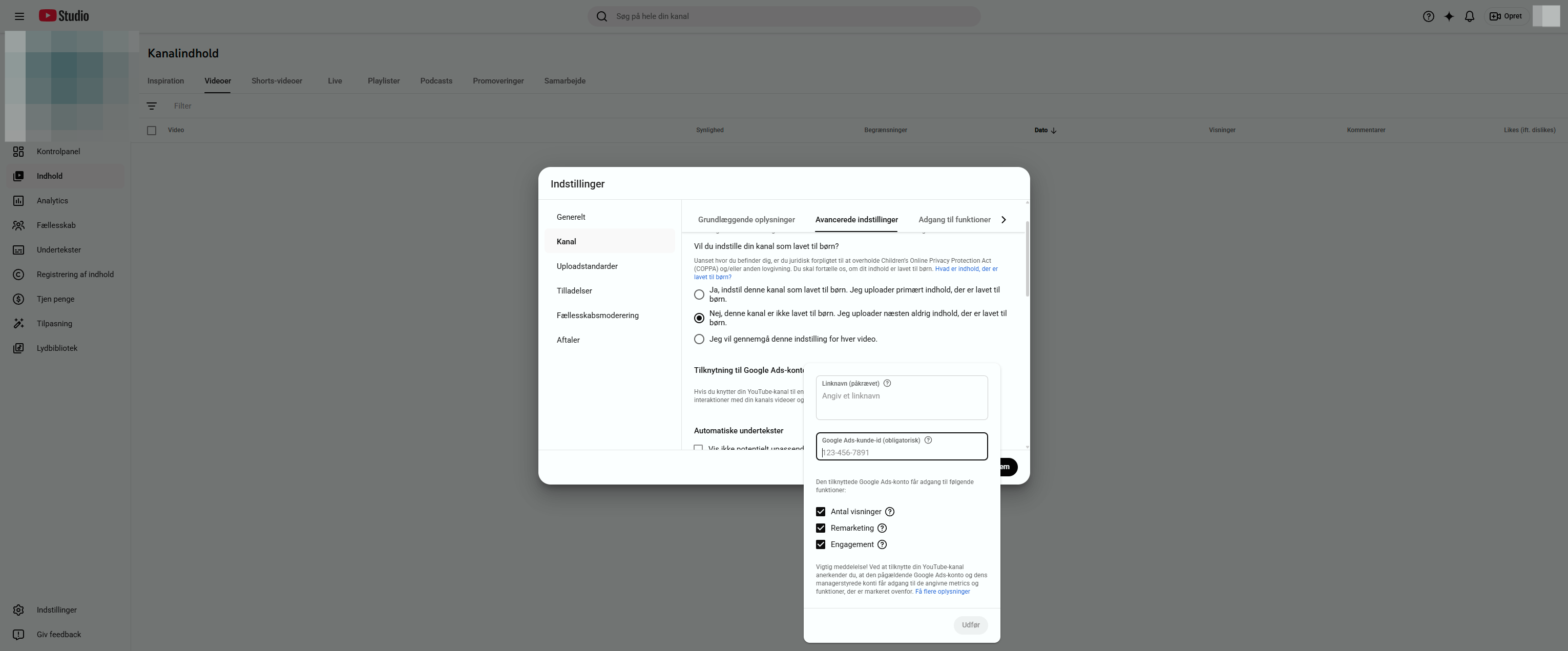Klik på feltet, og indtast dit Google Ads kunde-id.