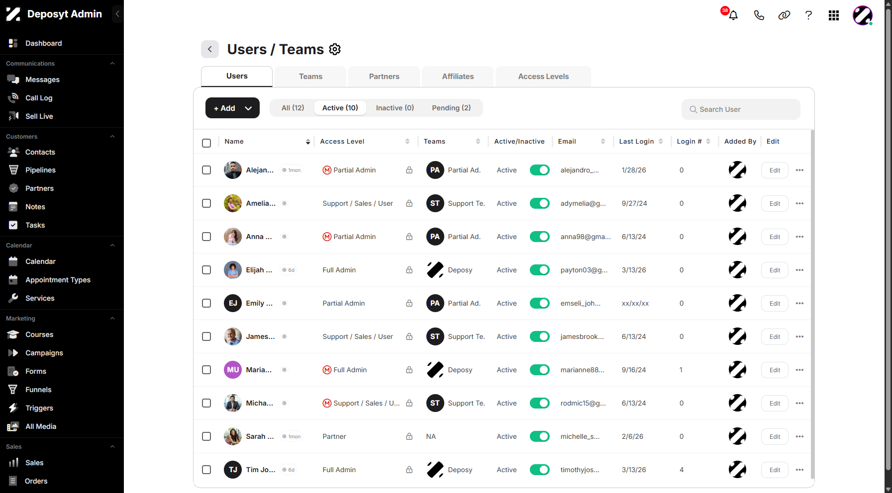 Step 7: You will then be taken to the Users/Teams section, where you can view all your users, teams, partners, and affiliates.