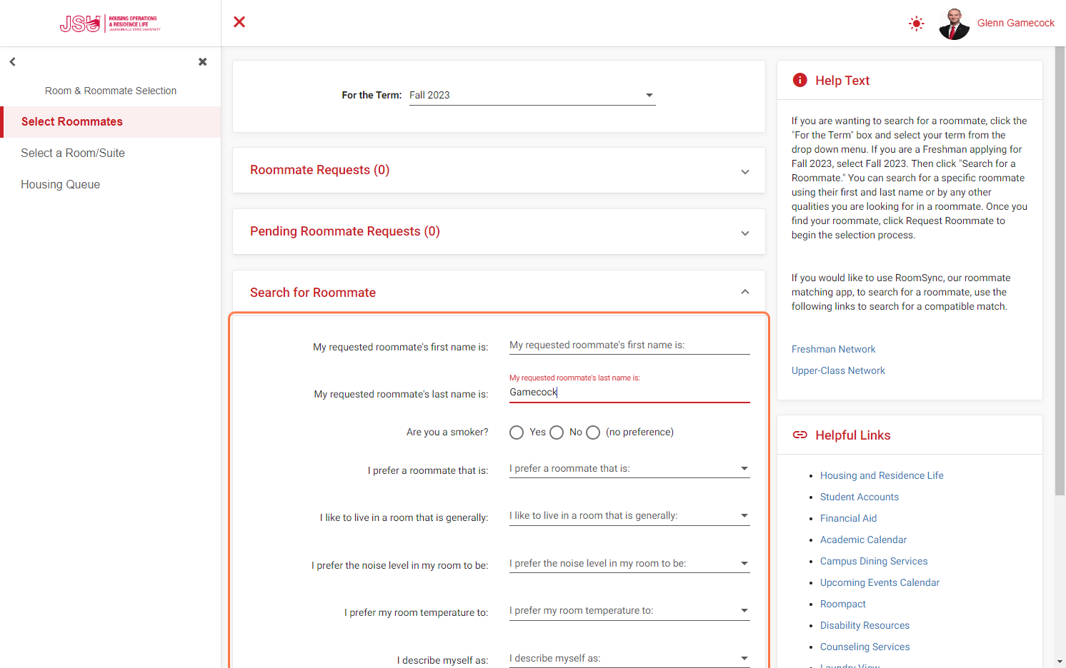 Search for a Roommate Using Last Name, First Name, or Roommate Preference Questions.