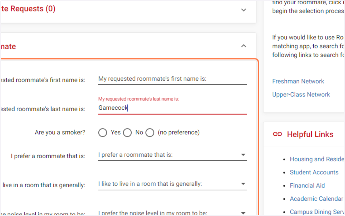 Search for a Roommate Using Last Name, First Name, or Roommate Preference Questions.