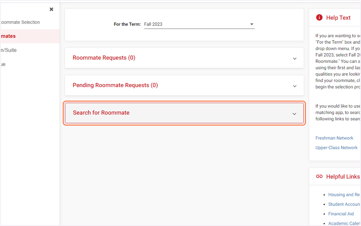 Click on Search for Roommate
