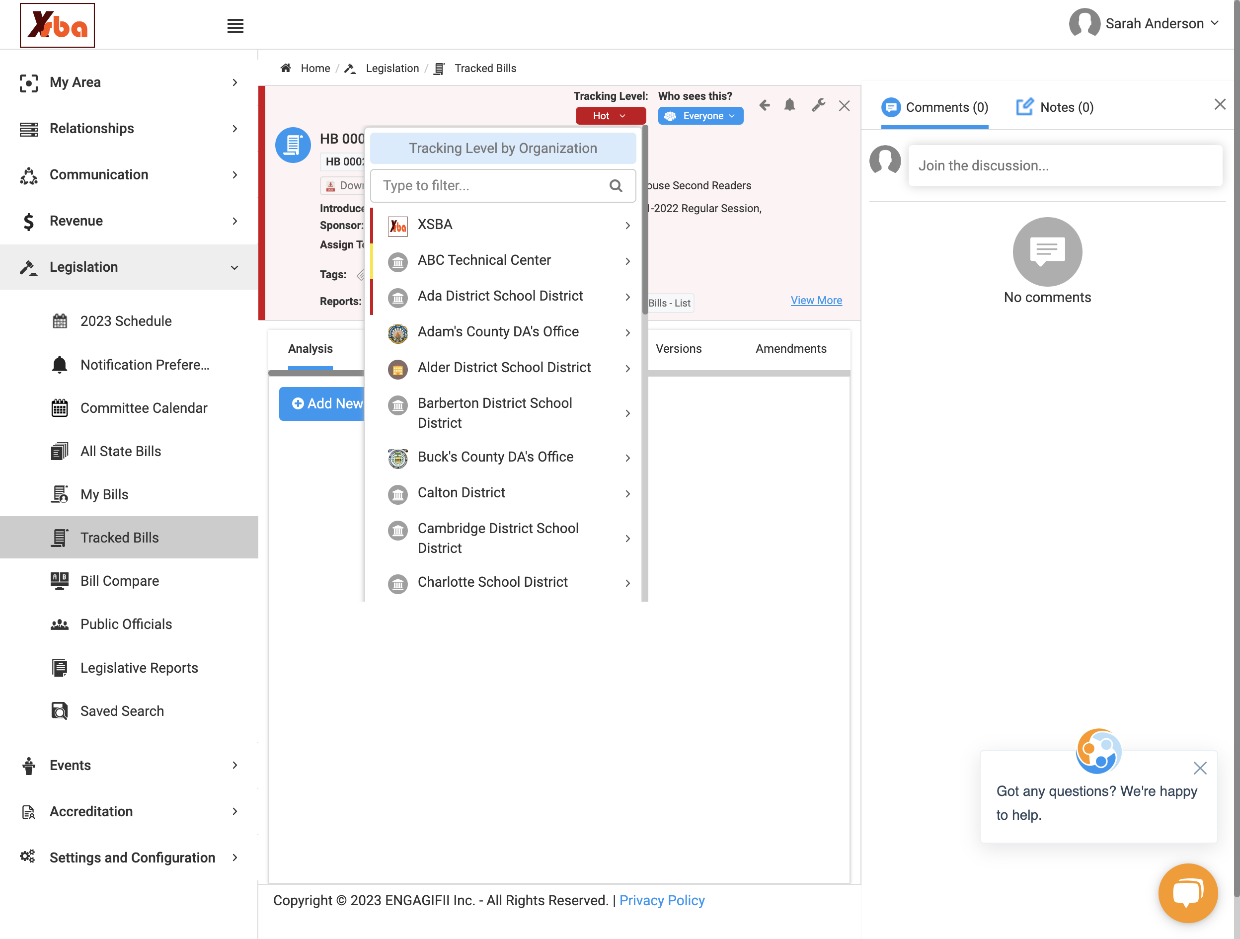 The drop down of all available organizations (already tracked or not) will pop down