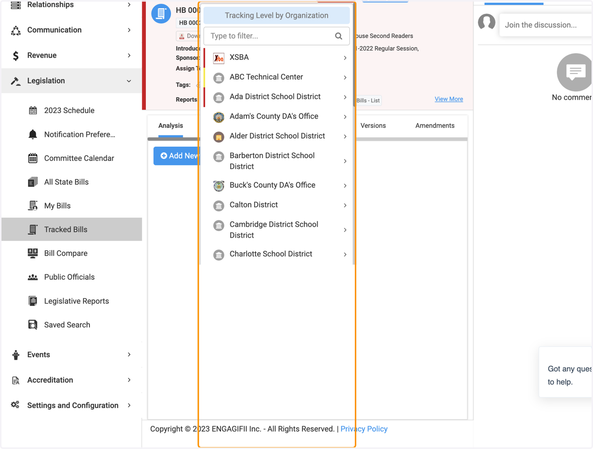 The drop down of all available organizations (already tracked or not) will pop down