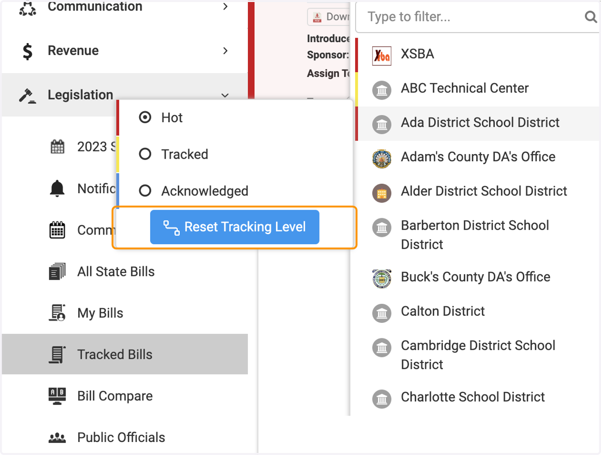Or you can remove that bill from that organizations tracker by clicking Reset Tracking Level