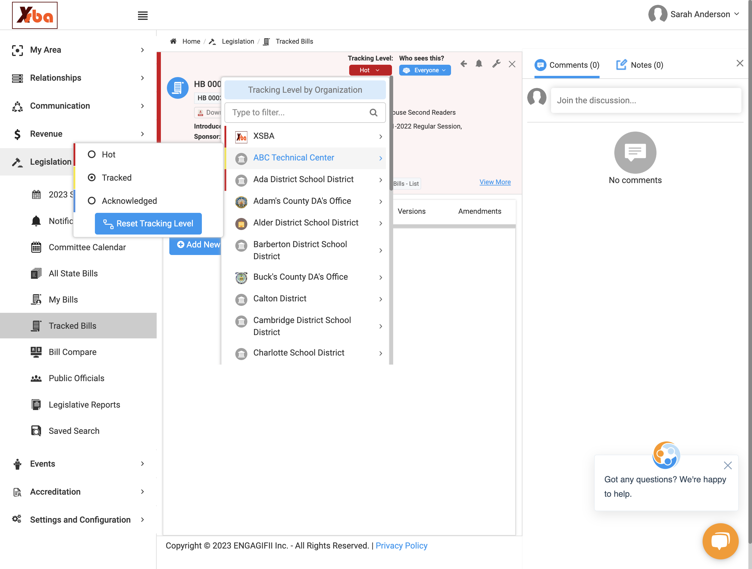 Clicking on an individual organization will allow you to change the tracking level