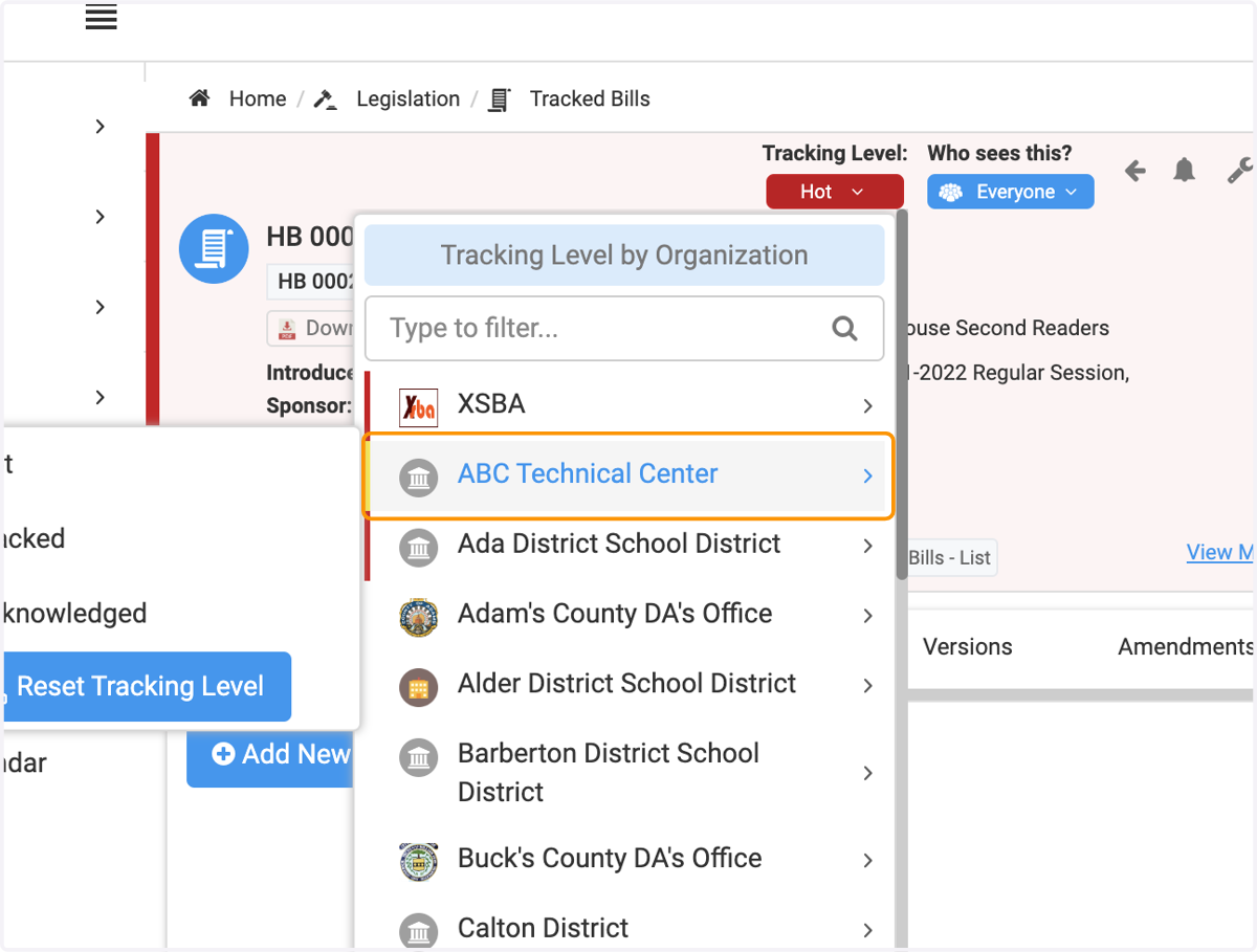 Clicking on an individual organization will allow you to change the tracking level