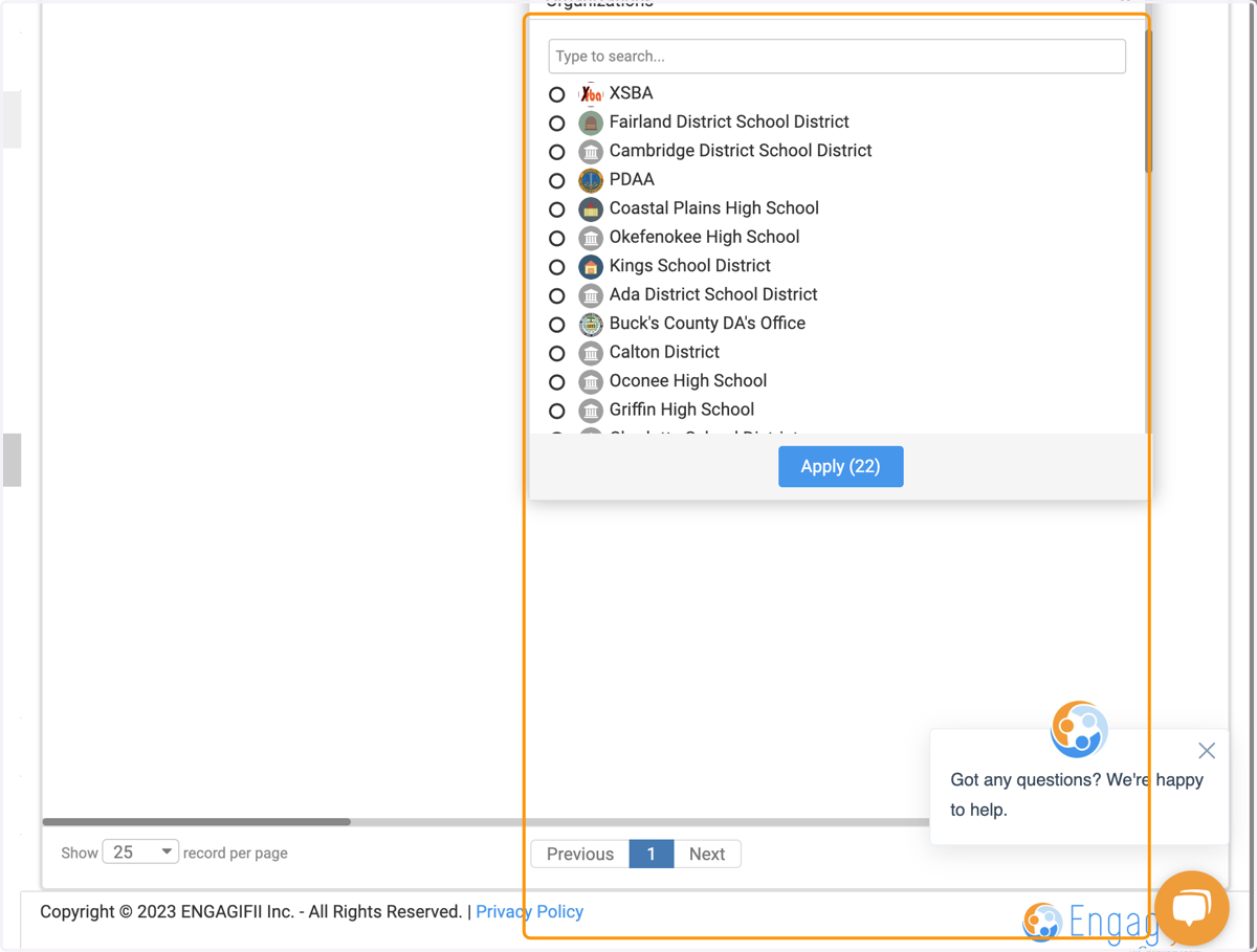 Choose the Organization option, and select the org you'd like to filter by