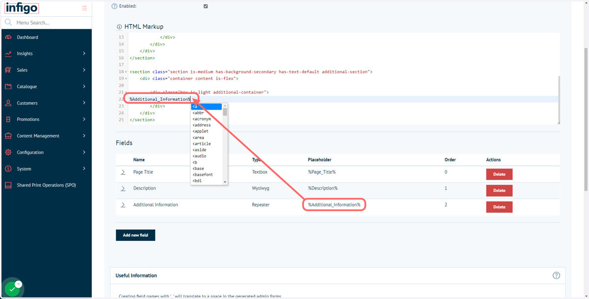 Input the newly generated Placeholder for the repeater in to the HTML markup code
