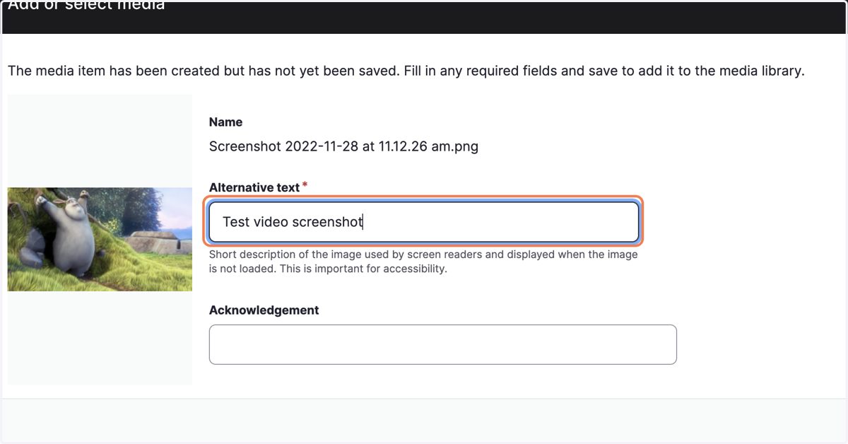 Add Alternative text "Test video screenshot"