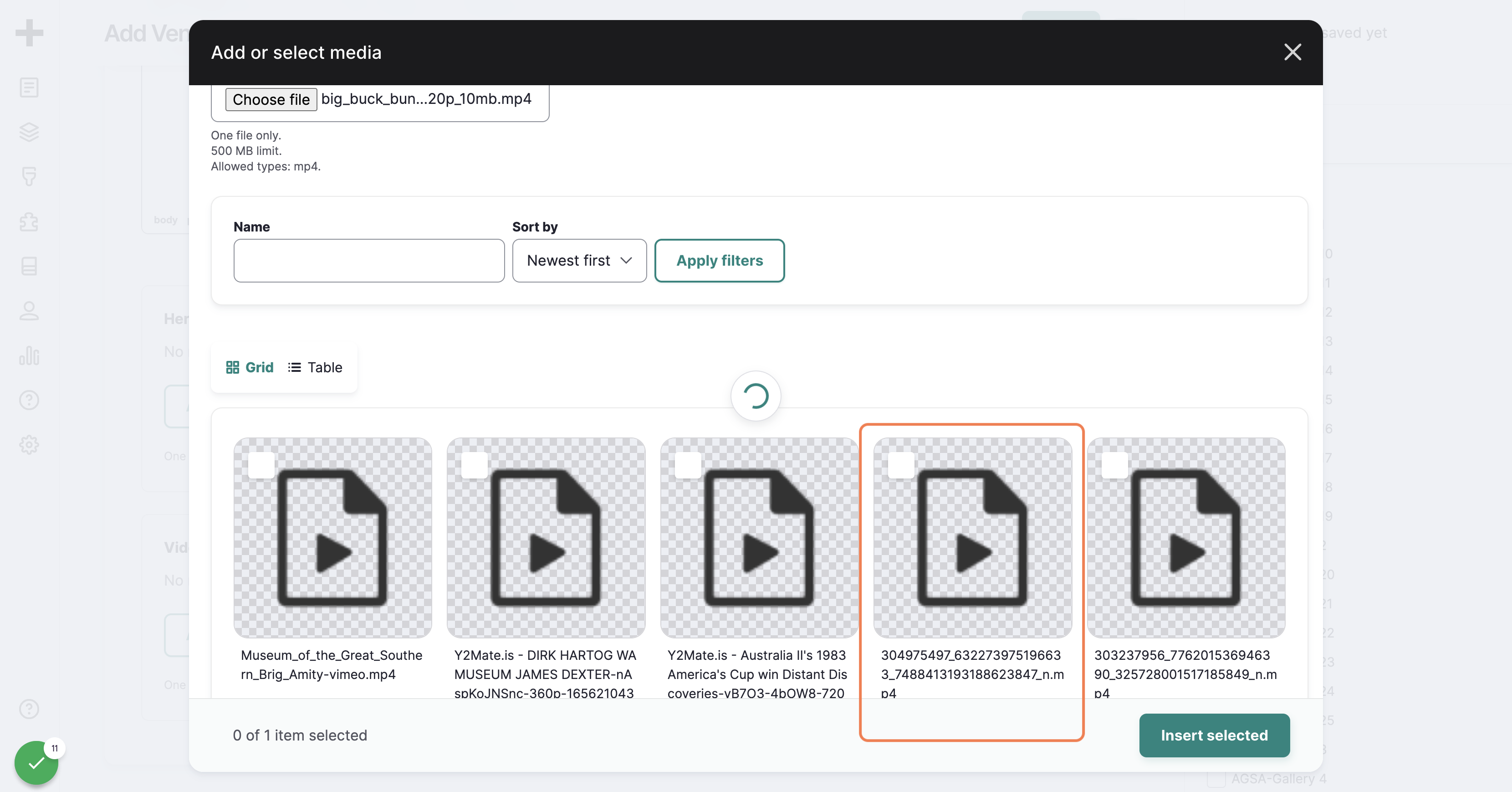 Click on add Video and Select "your-video-file.mp4" from file upload menu