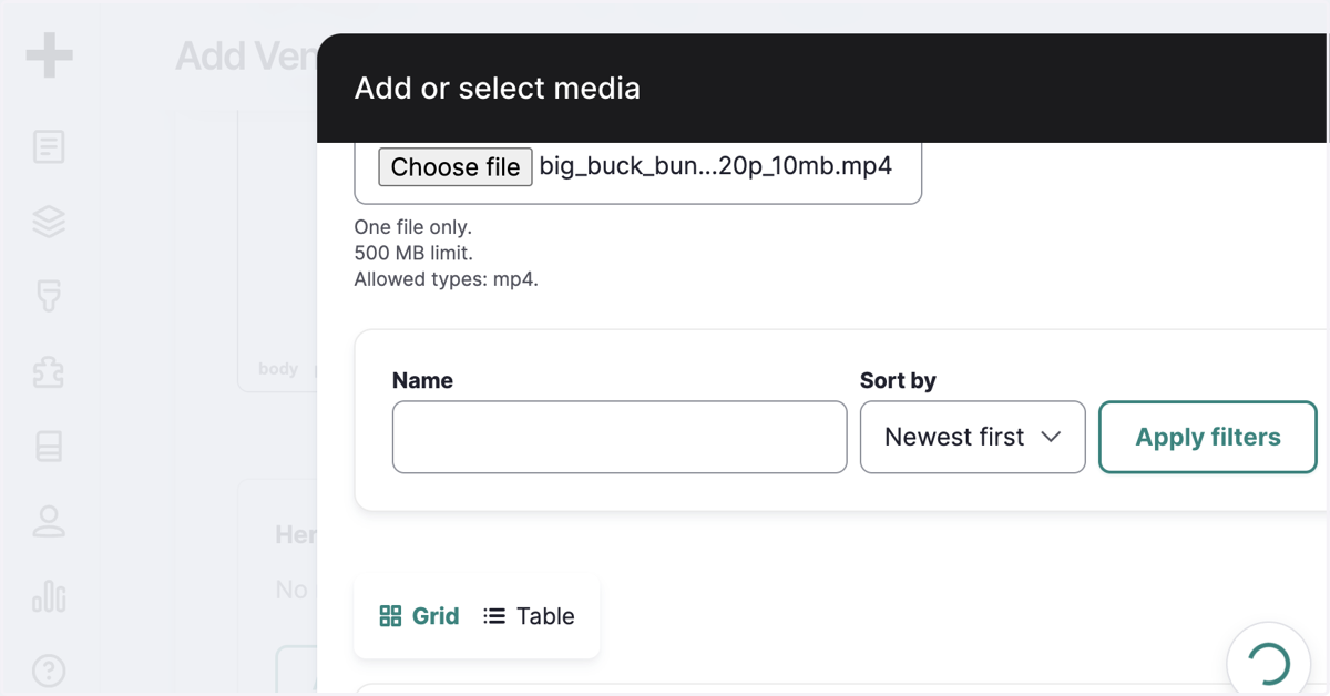 Click on add Video and Select "your-video-file.mp4" from file upload menu