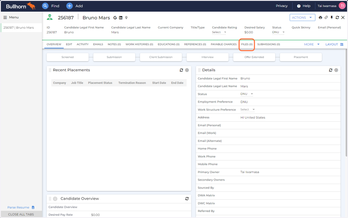 To upload a Resume, click on the FILES tab