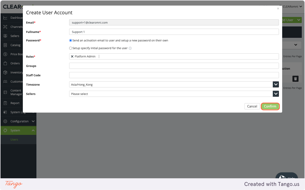 Click on "Confirm" to finalize the creation of the user account.
