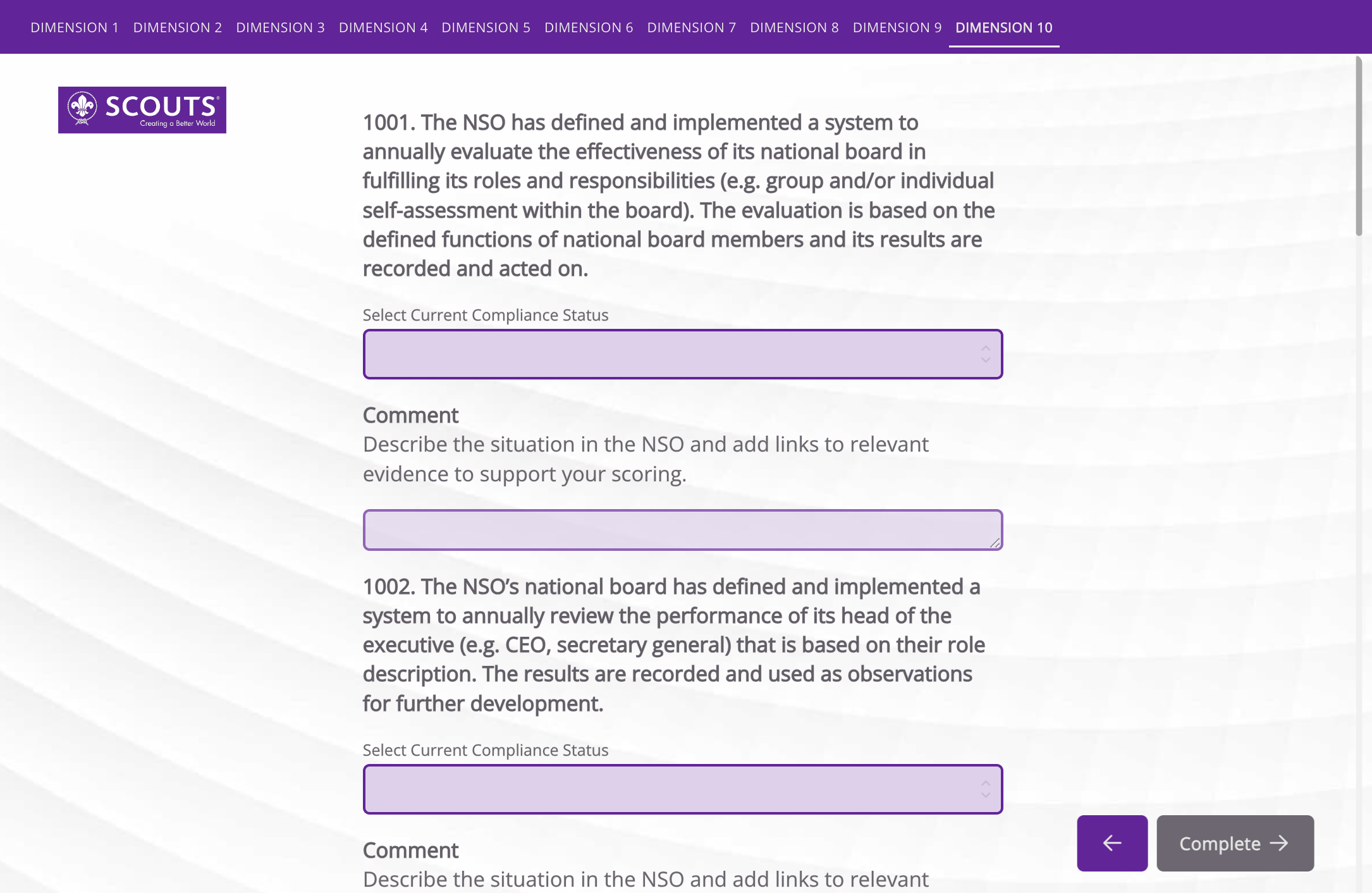 Click on "Complete" to submit your self-assessment results and to generate the results report.