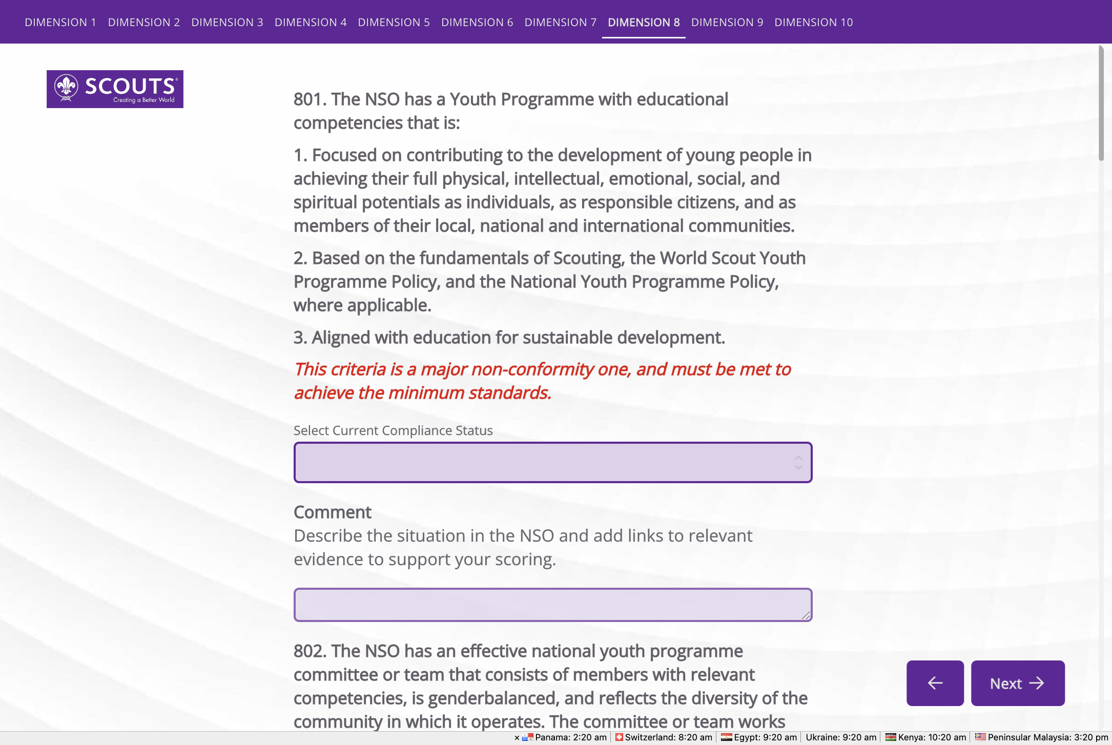 To submit the assessment results, first click on Dimension 10 from the menu tab, then scroll all the way down.