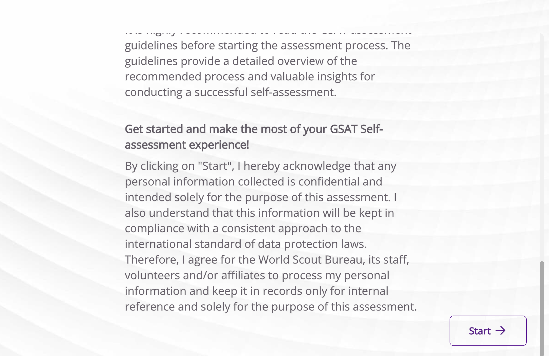 To begin your self-assessment, click "Start".