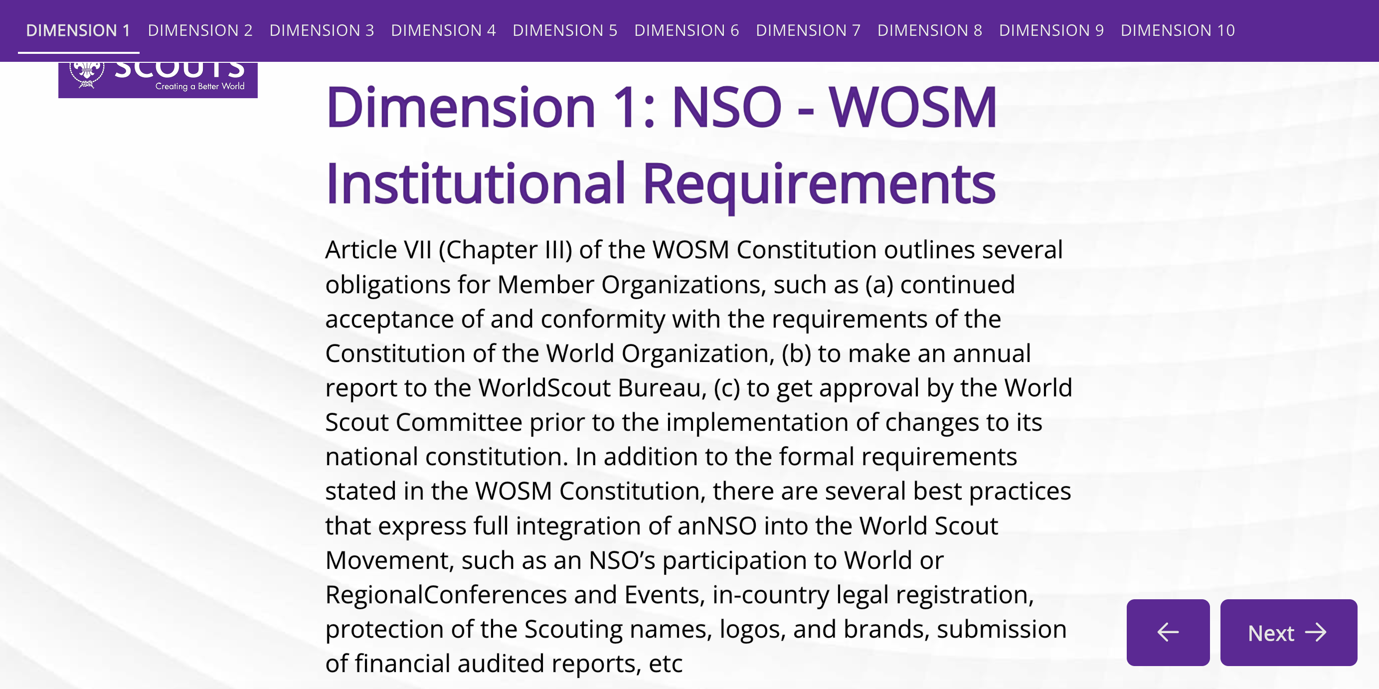 For each Dimension you will have an introduction text to the topic of the dimension. Click "Next" to proceed to the criteria.