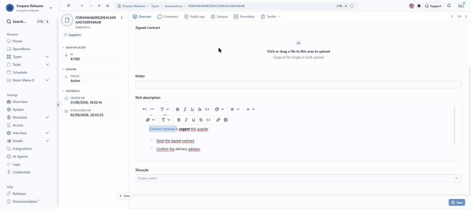 On the item screen, Text Color and Highlight Color bring seven colors each, plus Default. For any other color, the full control is in the field configuration. Open Settings in the left side menu