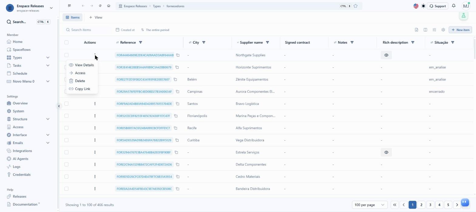To open the item, expand the actions menu and click Access
