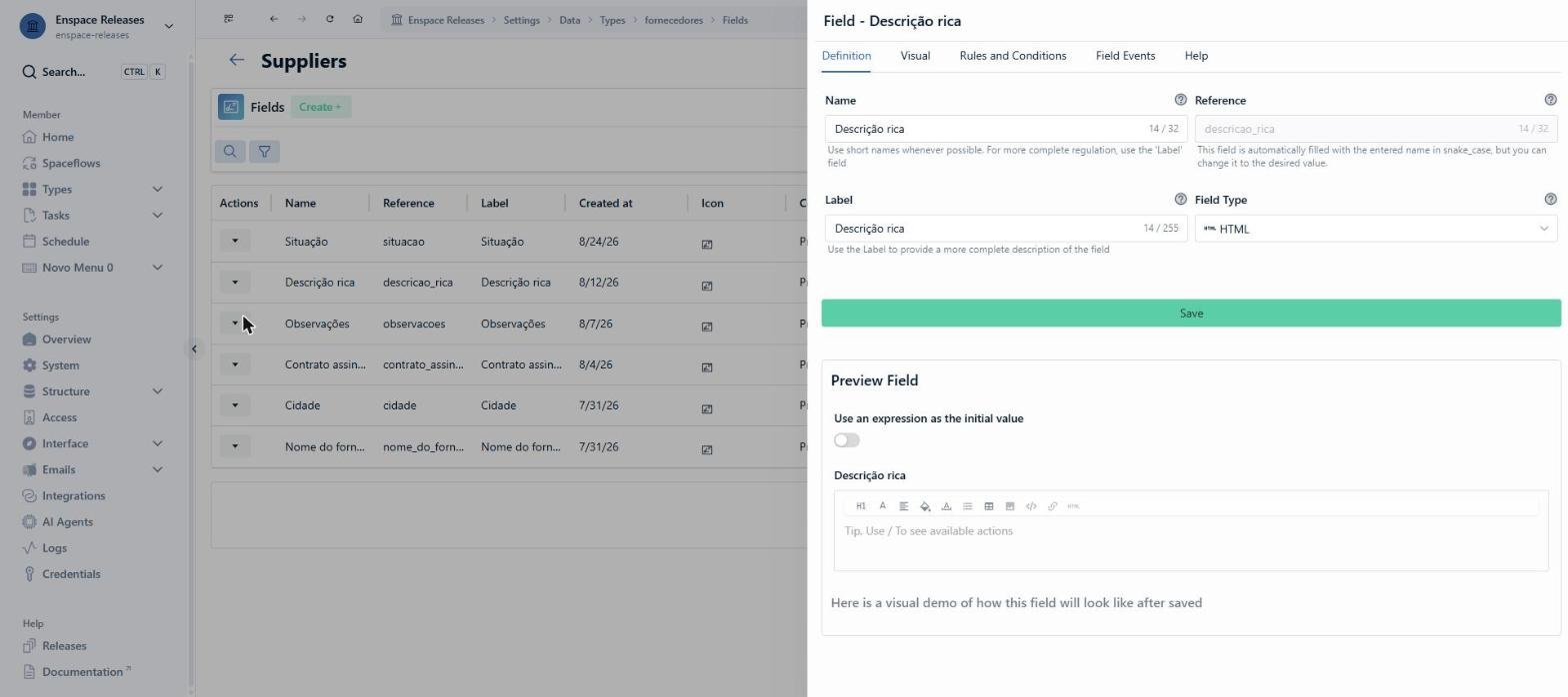 The field edit screen brings the Preview Field, which is a real editor: you can test the formatting without saving anything. Notice that the bar here is more complete than the one on the item screen
