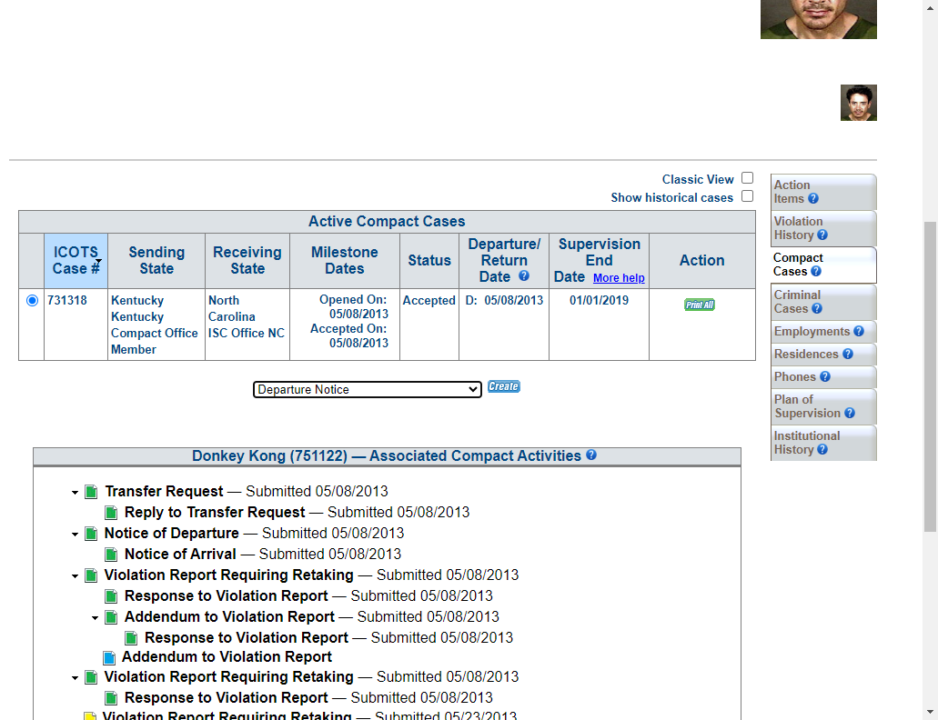 From the Profile Compact Cases tab create the Departure Notice