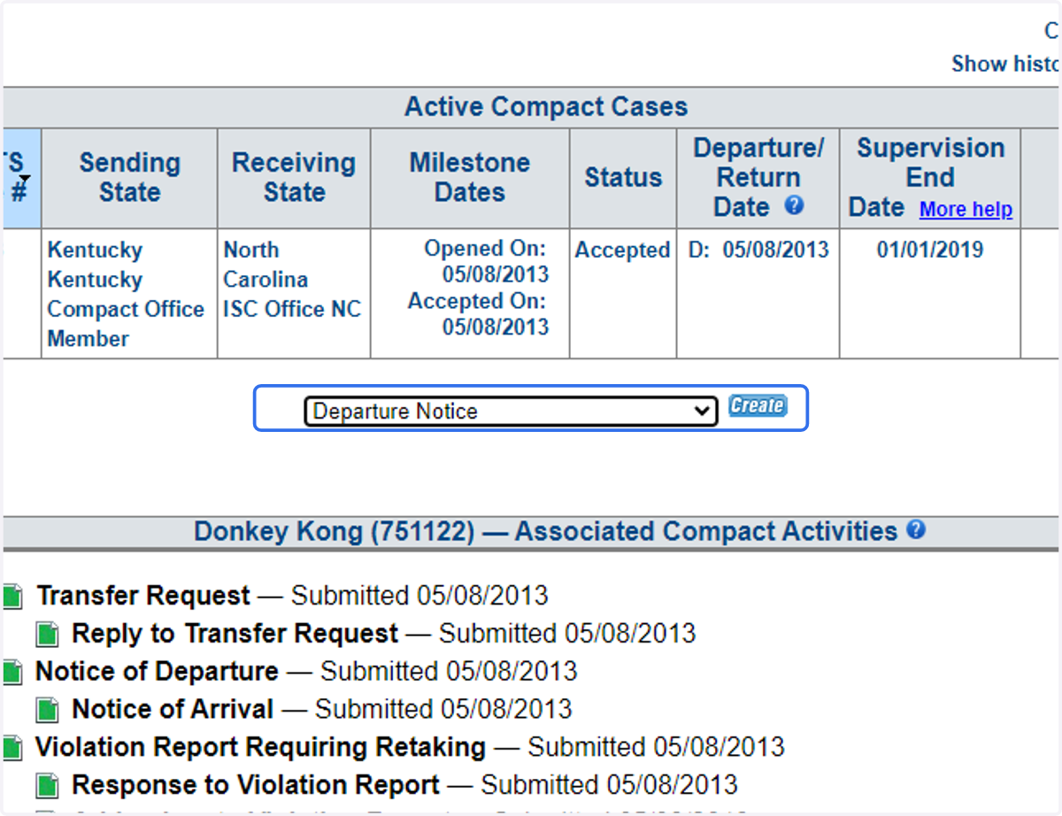 From the Profile Compact Cases tab create the Departure Notice