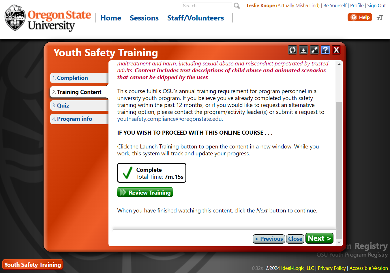 If you need to review the training module to find the correct answer, click the Training Content tab and then Review Training