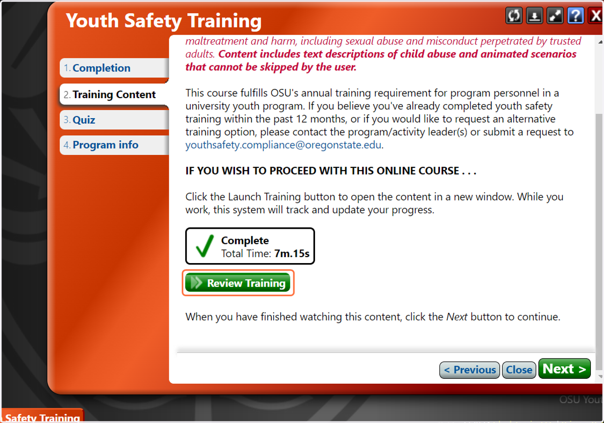 If you need to review the training module to find the correct answer, click the Training Content tab and then Review Training