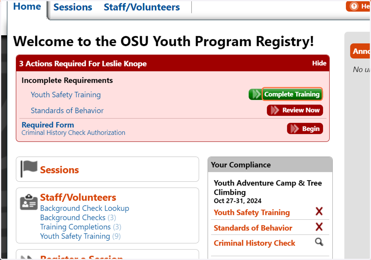 Click on Complete Training in the Action Required banner on the Home tab