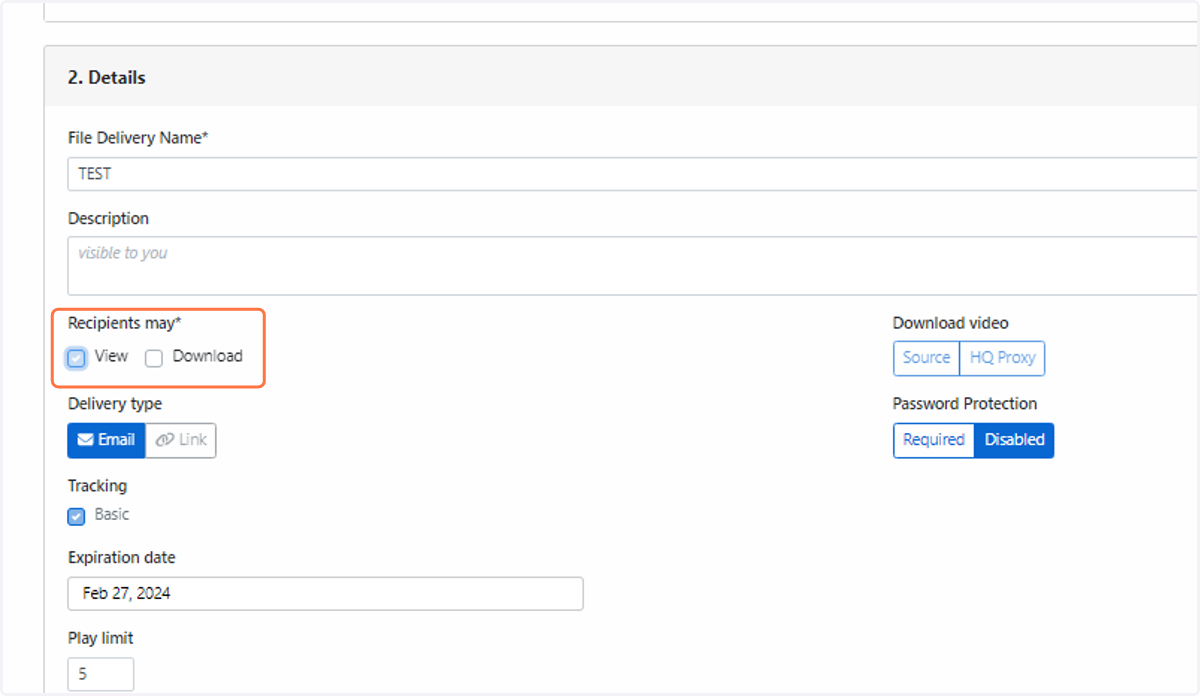 You will have the ability to choose what the recipients may receive. This can be a file to view and/or download