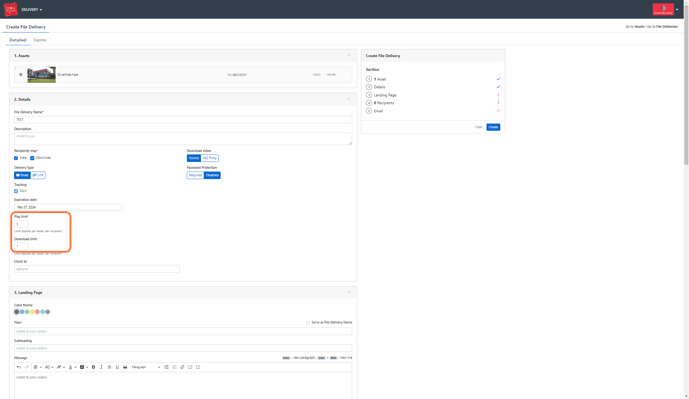 You have the ability to choose how long recipients can access the content. Simply select a date in the Expiration date section. You can also set a play and download limit on your files